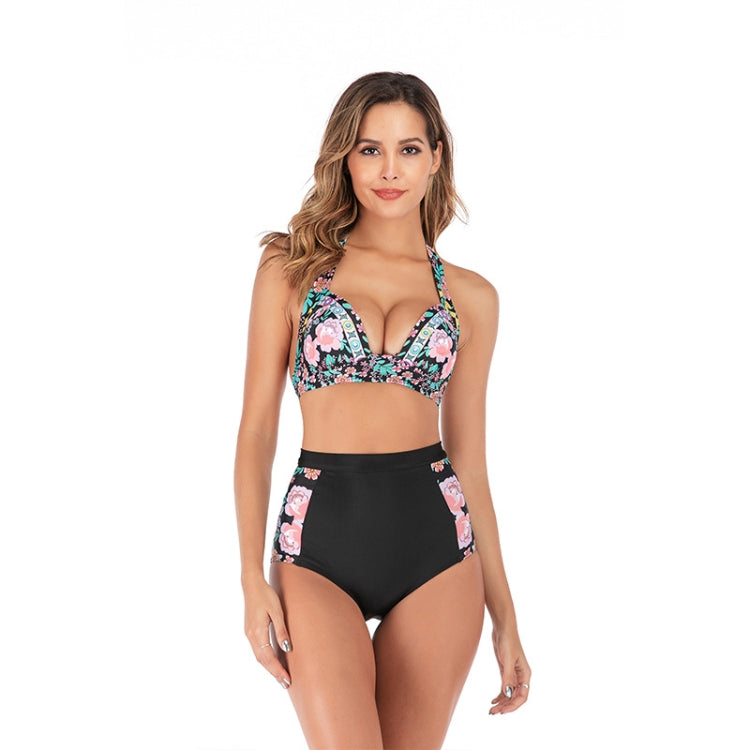 Lace-Up Halter Backless High-Waisted Swimsuit Split Printed Bikini Swimsuit, XL