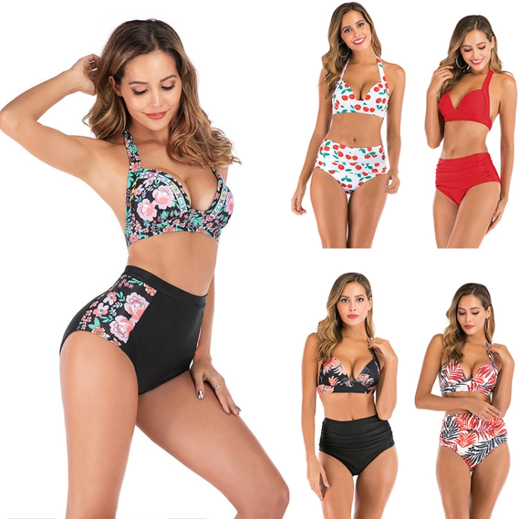 Lace-Up Halter Backless High-Waisted Swimsuit Split Printed Bikini Swimsuit, S