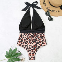Summer One-piece Backless Lace-Up Ladies Swimsuit Floral-print Halter Bikini, S