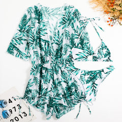 Leaf-print Waist Lace-up Three-Piece Bikini Set Long-sleeved Beach Sun Protection Swimsuit, S, M, L