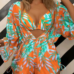 Leaf-print Waist Lace-up Three-Piece Bikini Set Long-sleeved Beach Sun Protection Swimsuit, XL