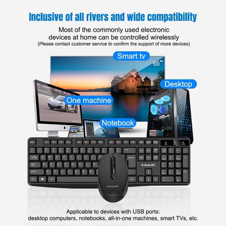 K-Snake WK800 Wireless 2.4G Keyboard Mouse Set Tabletop Computer Notebook Business Office House Use, White, Black