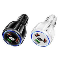 90W Super Fast Charging USB-C Car Charger Dual PD 30W+QC3.0 Charging Station, Black, White