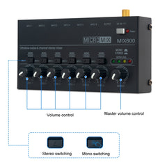 Ultra-Compact Low-Noise 6 Channel Stereo Audio Mixer, US Plug, MIX600