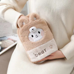 1L Hot Water Bag Dual Hands Plush Cute Hand Warmer, Black and White Puppy, Brown Bear, Fruit Green Frog, Yellow Duck, Pink Bunny, Consortium, Naughty Cat, Little Brown Bear, Little White Rabbit