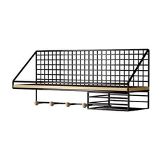 Household Large Non-Punching Organizer Wall Hanging Shelf, Black Basic Model, Black Wooden Ball With Tissue Box