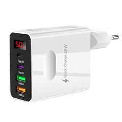 2 USB+2 Type-C Digital Display Mobile Phone Multi-port Charger, EU Plug Black, US Plug Black, UK Plug Black, EU Plug White, US Plug White, UK Plug White