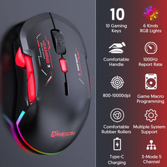 MKESPN W12 Tri-Mode 5-Channel Gaming Mouse 10-Key 10000 DPI Ambidextrous Design RGB Macro Mouse, W12 Blue, W12 Red