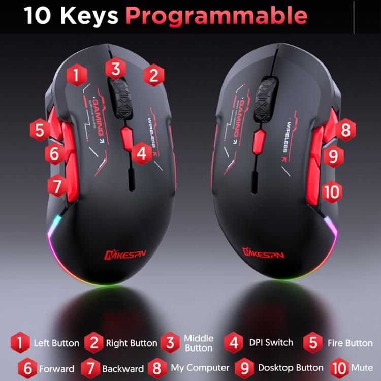 MKESPN W12 Tri-Mode 5-Channel Gaming Mouse 10-Key 10000 DPI Ambidextrous Design RGB Macro Mouse, W12 Blue, W12 Red