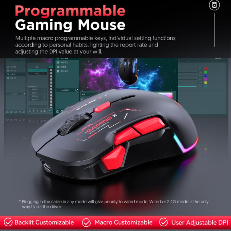 MKESPN W12 Tri-Mode 5-Channel Gaming Mouse 10-Key 10000 DPI Ambidextrous Design RGB Macro Mouse, W12 Blue, W12 Red