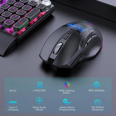 MKESPN W10 Tri-Mode Wireless Gaming Mouse 2400DPI with 9 Programmable Buttons, RGB Lighting, Type-C Rechargeable, W10