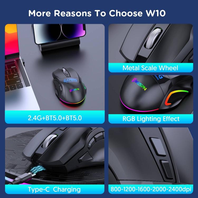 MKESPN W10 Tri-Mode Wireless Gaming Mouse 2400DPI with 9 Programmable Buttons, RGB Lighting, Type-C Rechargeable, W10