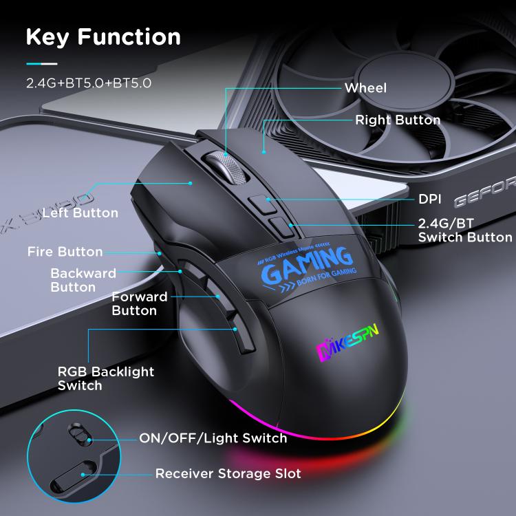 MKESPN W10 Tri-Mode Wireless Gaming Mouse 2400DPI with 9 Programmable Buttons, RGB Lighting, Type-C Rechargeable, W10