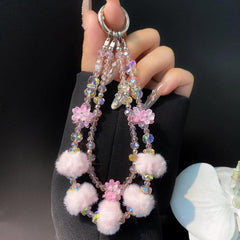 Plush Beaded Cell Phone Chain Keychain Bag Charm Crystal Double Chain Phone Case Accessories