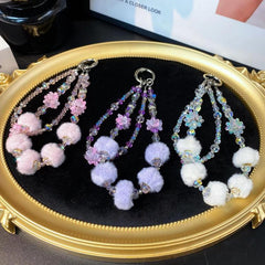 Plush Beaded Cell Phone Chain Keychain Bag Charm Crystal Double Chain Phone Case Accessories