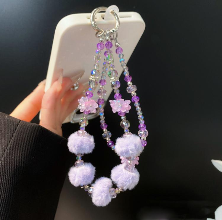 Plush Beaded Cell Phone Chain Keychain Bag Charm Crystal Double Chain Phone Case Accessories