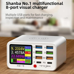 TENSAI 65W 8-Port USB Charging Station With 1.8-Inch LCD Display & 15W Wireless Charger, EU Plug, US Plug, UK Plug