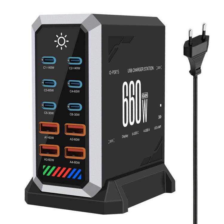 6 Type-C+4 USB Multi-Port 660W High Power Charger Gallium Nitride Desktop Charger, US Plug, UK Plug, EU Plug, AU Plug