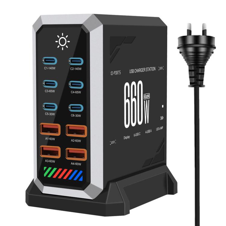 6 Type-C+4 USB Multi-Port 660W High Power Charger Gallium Nitride Desktop Charger, US Plug, UK Plug, EU Plug, AU Plug