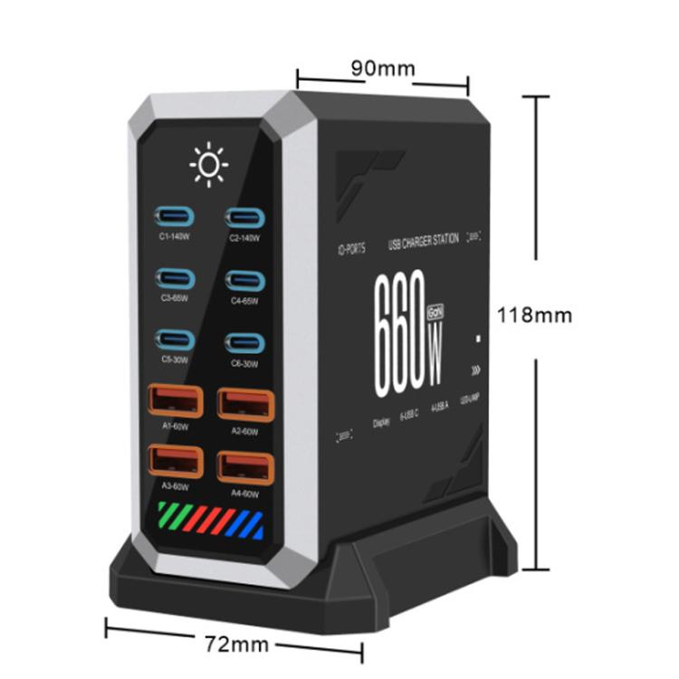 6 Type-C+4 USB Multi-Port 660W High Power Charger Gallium Nitride Desktop Charger, US Plug, UK Plug, EU Plug, AU Plug