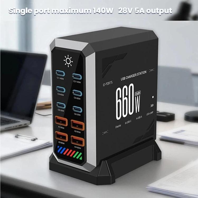 6 Type-C+4 USB Multi-Port 660W High Power Charger Gallium Nitride Desktop Charger, US Plug, UK Plug, EU Plug, AU Plug