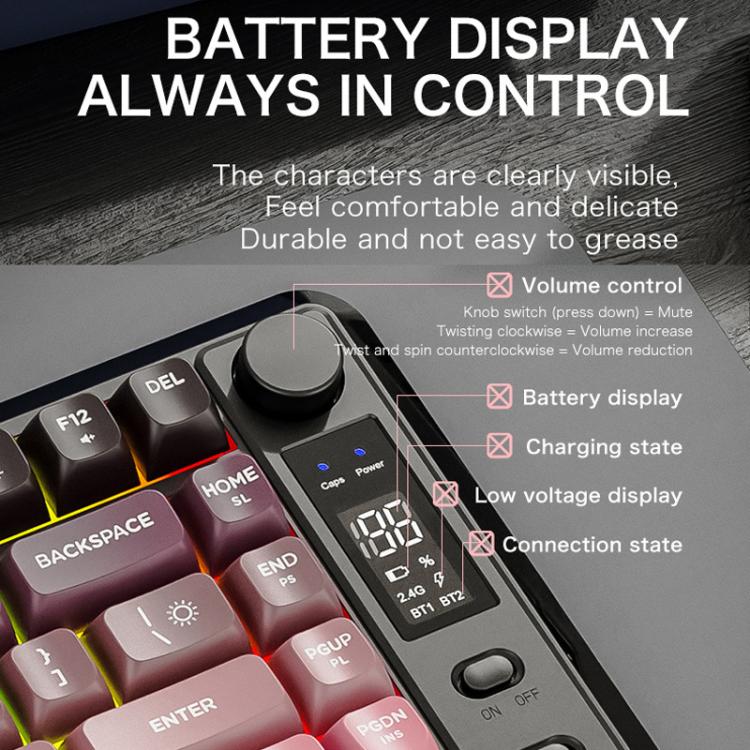 FREE WOLF M75 Russian Wireless Bluetooth Dual-Mode Mechanical Keyboard With PBT Gradient Caps and Display Screen