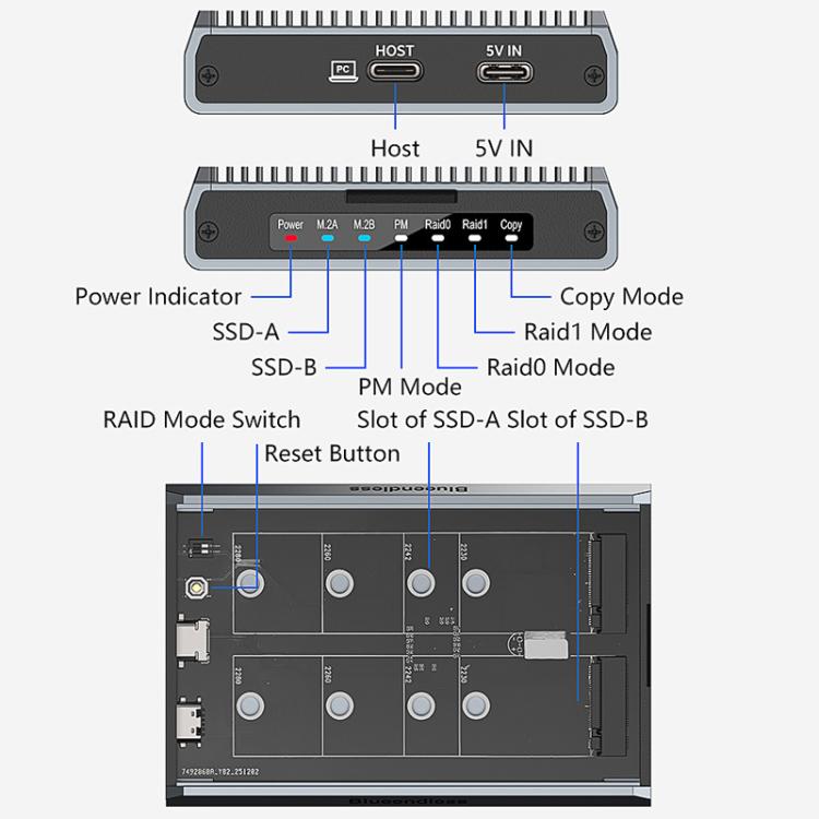 M.2 Disk Array Enclosure NVMe / SATA Dual-Protocol RAID Portable SSD Enclosure 20Gbps Offline Copy, DB280A3