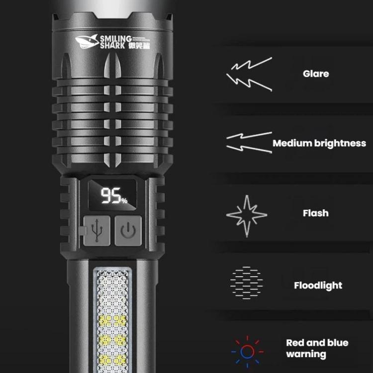 SMILING SHARK SD-5244 Zoomable Digital Display Flashlight With Side Light 4-Gear Dimmable Portable Torch, Hook, Breaker Bar