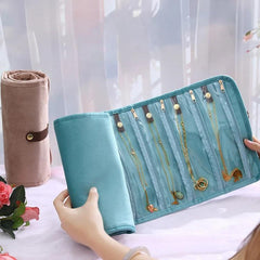 Roll-Up Velvet Jewelry Organizer Bag, Multi-Compartment Storage for Gold Necklaces, Bracelets & Accessories