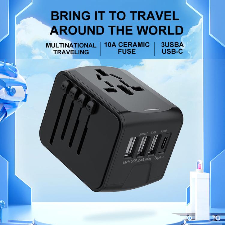 Travel Adapter 3 USB+Type-C Universal Socket Multi-Function Charger, US/EU/UK/AU Plug, 199T-3U