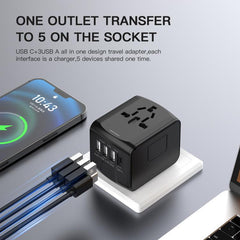 Travel Adapter 3 USB+Type-C Universal Socket Multi-Function Charger, US/EU/UK/AU Plug, 199T-3U