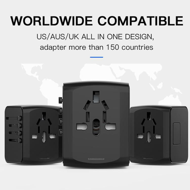 Travel Adapter 3 USB+Type-C Universal Socket Multi-Function Charger, US/EU/UK/AU Plug, 199T-3U