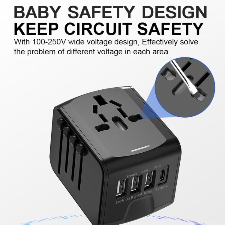 Travel Adapter 3 USB+Type-C Universal Socket Multi-Function Charger, US/EU/UK/AU Plug, 199T-3U