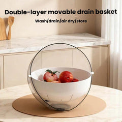 Double-Layer Fruit Vegetable Washing & Draining Basket Household Kitchen Rice Draining Basin, Transparent White