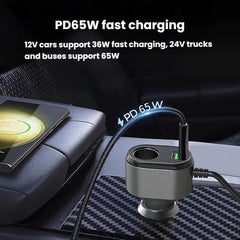 1 To 9 Car Cigarette Lighter With Independent Switches Voltage Display & Retractable Cable Car Charger, GE08