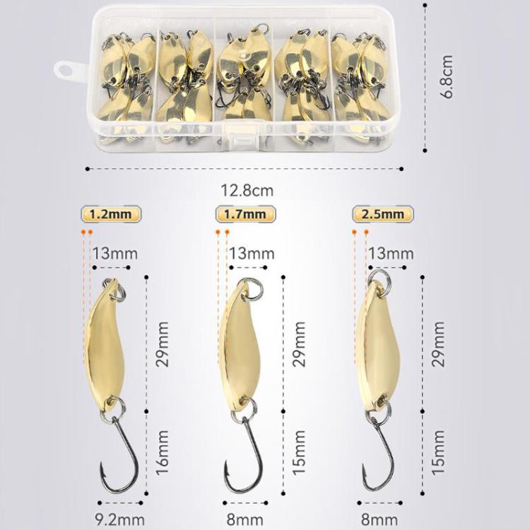 30pcs /Box Tin-plated Spinner Lure Fishing Tackle Hard Bait Bio-mimetic Spinner Lure, Gold 2.5g, Gold 3.5g, Gold 5g, Silver 2.5g, Silver 3.5g, Silver 5g