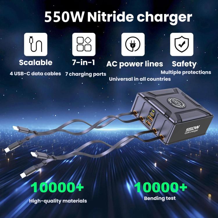 550W USB-C GaN Super Fast Charging Multi-Port Retractable Cable Charger, EU Plug, US Plug, UK Plug, AU Plug, KR Plug