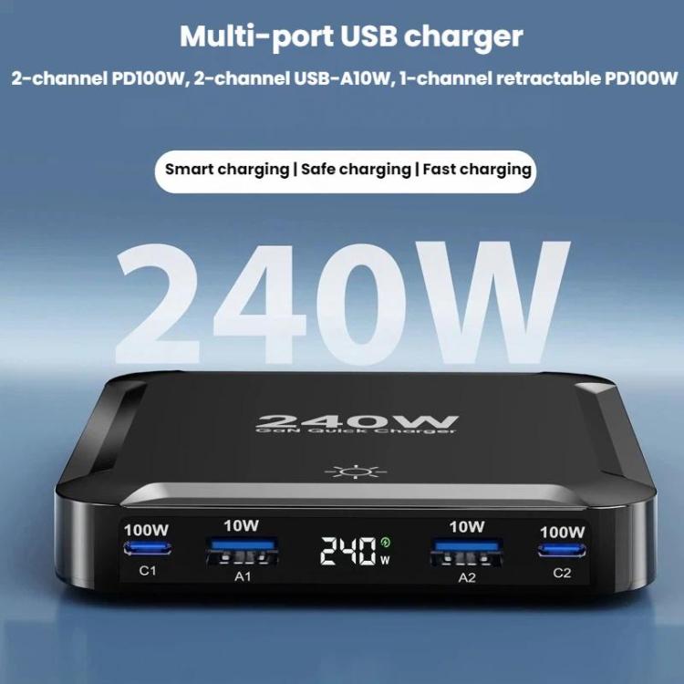 240W Smart Fast Charger With Magnetic USB Retractable Cable And Multi-Port Storage, EU Plug, US Plug, UK Plug, AU Plug, KR Plug