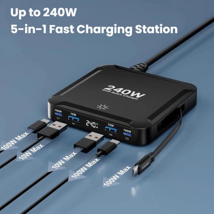 240W Smart Fast Charger With Magnetic USB Retractable Cable And Multi-Port Storage, EU Plug, US Plug, UK Plug, AU Plug, KR Plug