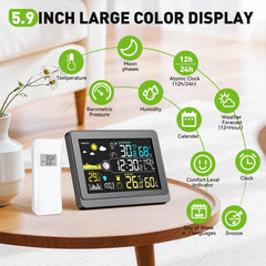 Wireless Weather Station With 5.9-Inch Color Display, Atomic Clock With Outdoor Sensor, Digital Thermometer Hygrometer For Home, Barometric Pressure, Moon Phase