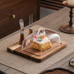 Acacia Wood Butter Dish with Glass Lid and Spreader Knife Butter Keeper for Countertop or Fridge, Single Knife, Dual Utensils