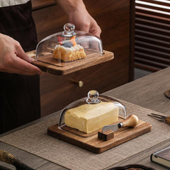 Acacia Wood Butter Dish with Glass Lid and Spreader Knife Butter Keeper for Countertop or Fridge, Single Knife, Dual Utensils