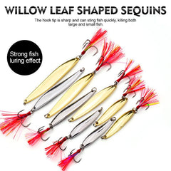 PROBEROS 9pcs /Box Fishing Spoons Lure Set Metal Willow Leaf Spinner Baits with Blood Groove Treble Hooks