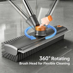 Floor Scrub Brush with Long Handle 2-in-1 Dual-Sided V-Shaped Grout Brush with Squeegee, 360-degree Swivel Head and Built-in Hair Tweezers