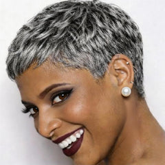 Short Grey Human Hair Feel Wigs for Women Pixie Cut Wigs Salt and Pepper Grey Mix Silver Short Layered Machine Made Wigs, 2 inch