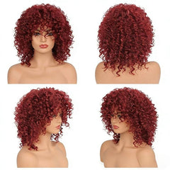 Short Afro Kinky Curly Wigs with Bangs Fluffy Synthetic Fiber Hair Wig Heat Resistant Glueless Cosplay Daily Party Wig