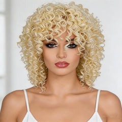 Short Afro Kinky Curly Wigs with Bangs Fluffy Synthetic Fiber Hair Wig Heat Resistant Glueless Cosplay Daily Party Wig