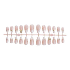 24Pcs French Tip Press on Nails Almond Gold Bowknot Fake Nails with Marble Design and Gold Wire Glossy Medium Length Glue on Nails