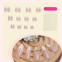 24Pcs French Tip Press on Nails Almond Gold Bowknot Fake Nails with Marble Design and Gold Wire Glossy Medium Length Glue on Nails