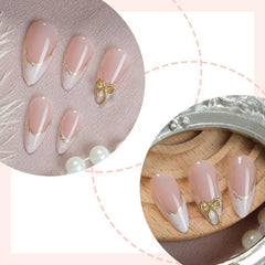 24Pcs French Tip Press on Nails Almond Gold Bowknot Fake Nails with Marble Design and Gold Wire Glossy Medium Length Glue on Nails